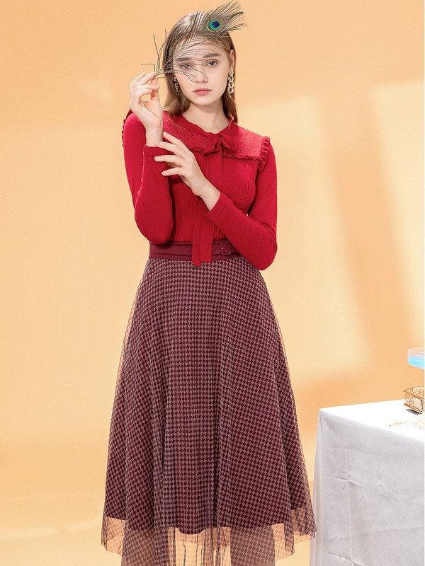 ​伊诗夏兰薇2021秋冬季红色纯色针织衫