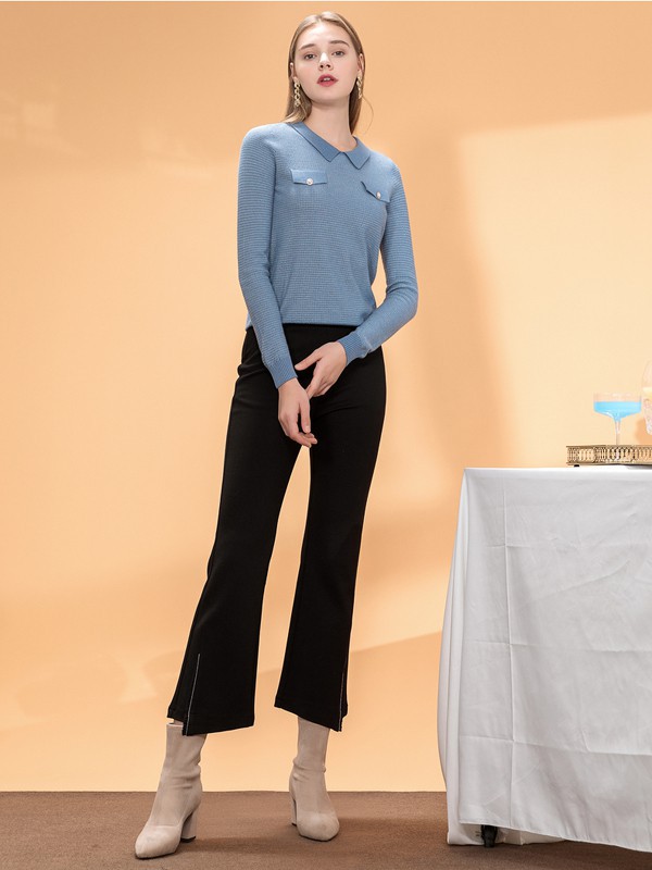 ​伊诗夏兰薇女装2021秋冬季黑色纯色喇叭裤