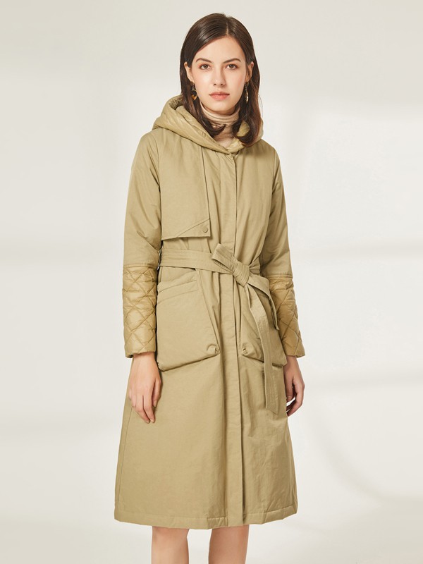 皮尔卡丹女装2021秋冬季卡其色纯色棉服