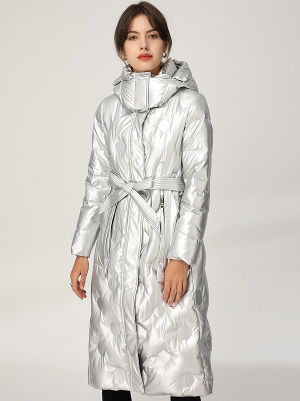 皮尔卡丹女装2021秋冬季银色高领羽绒服