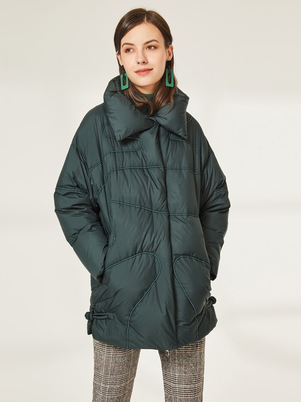 皮尔卡丹女装2021秋冬季墨绿色纯色派克服