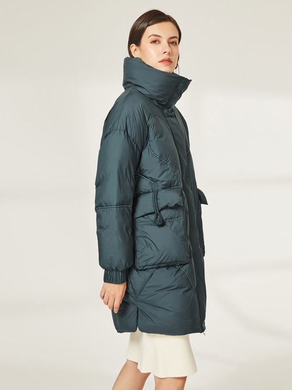 皮尔卡丹女装2021秋冬季墨绿色高领派克服