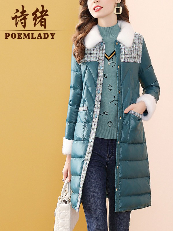 诗绪2021秋冬季绿色纯色羽绒服