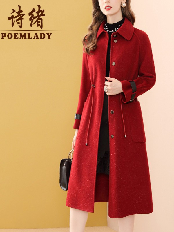 诗绪2021秋冬季酒红色纯色大衣