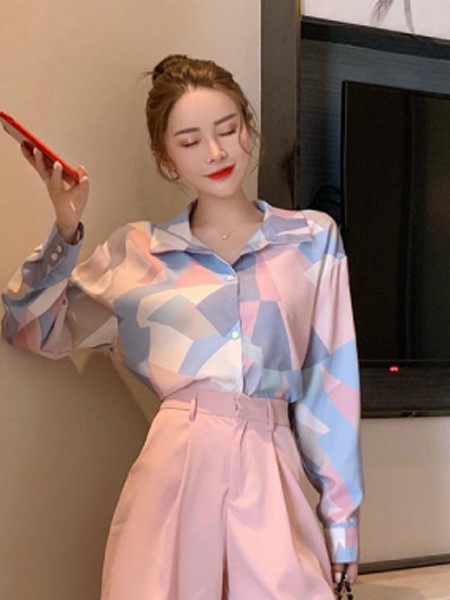 觅瑞女装2022春夏季拼色印花衬衫