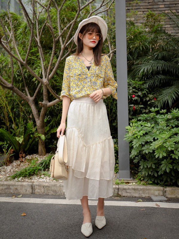 花螺2022春夏季白色纯色半身裙