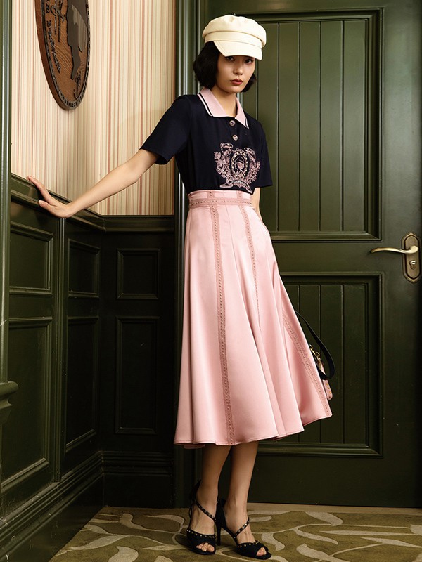 电影时装2022春夏季粉色纯色半身裙