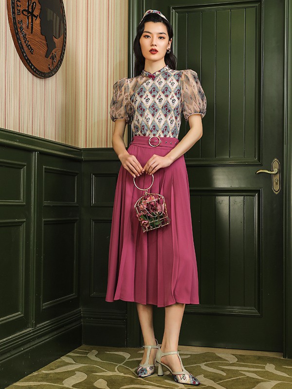 电影时装女装2022春夏季粉色纯色百褶裙