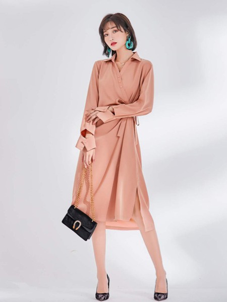 纯袖女装2022春夏季橙色不对称连衣裙