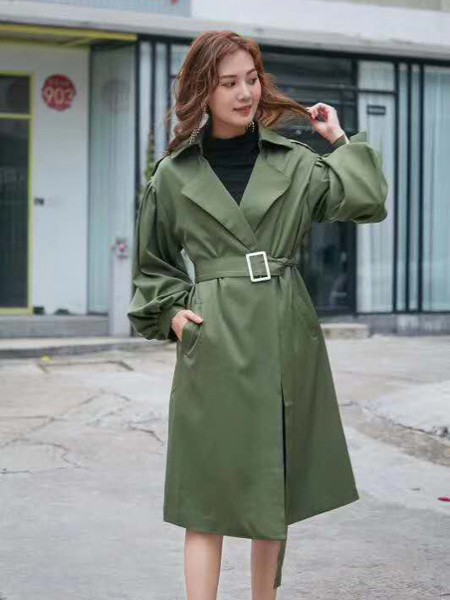 纯袖女装2022春夏季绿色纯色大衣