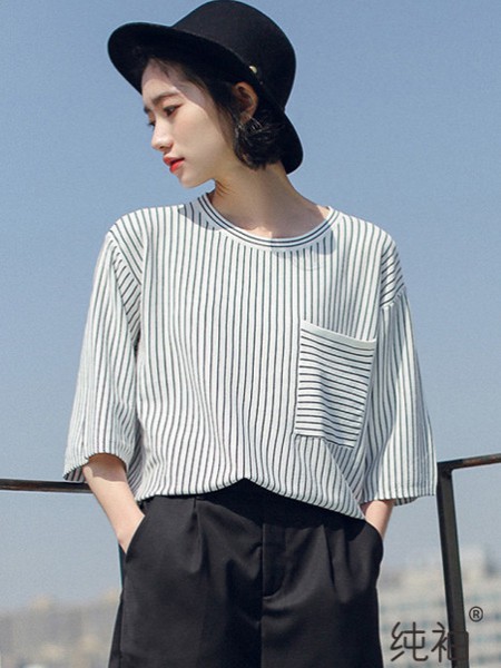 纯袖女装2022春夏季白色条纹T恤