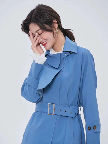 纯袖女装2022春夏季蓝色纯色风衣