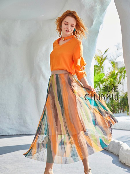 纯袖女装2022春夏季橙色纯色雪纺衫