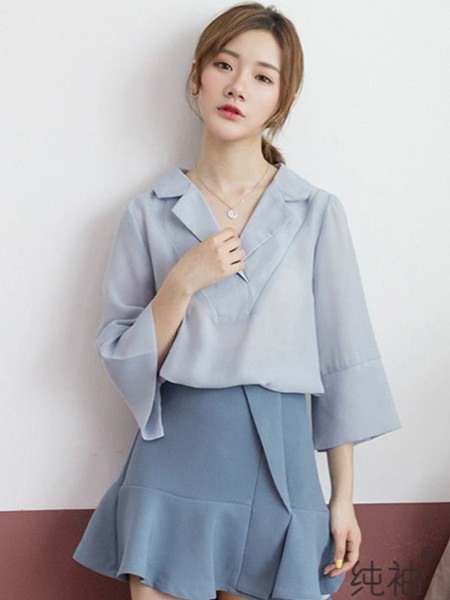 纯袖女装2022春夏季蓝色纯色雪纺衫
