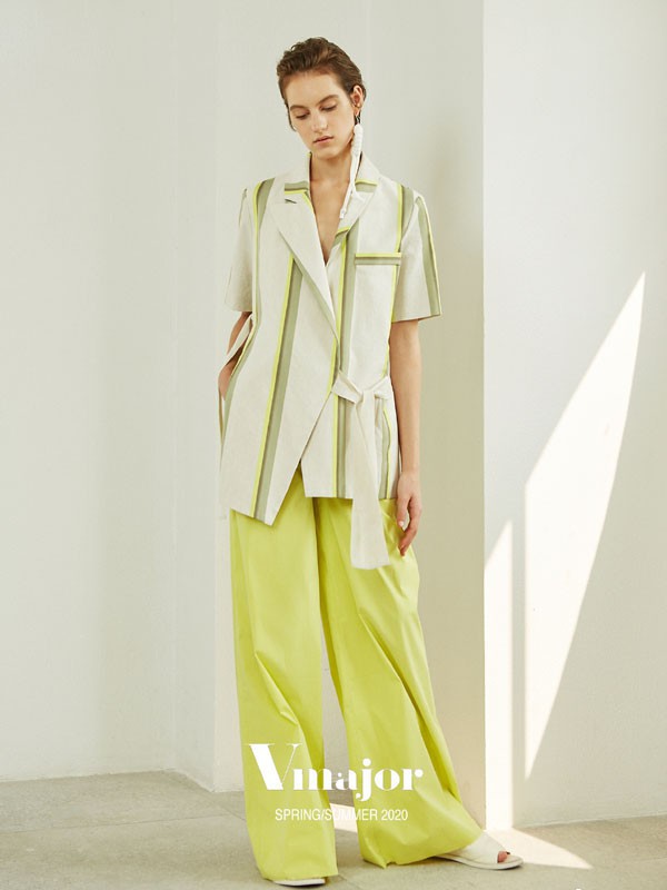 Vmajor女装2022春夏季绿色纯色阔腿裤