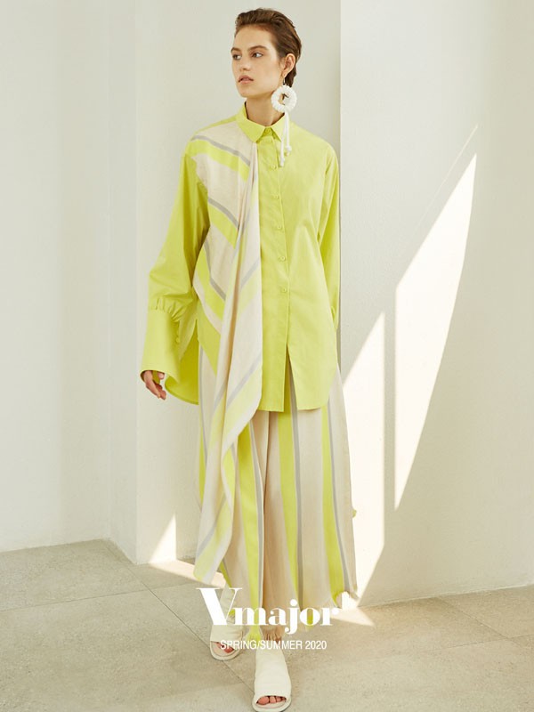 Vmajor女装2022春夏季绿色纯色衬衫裙