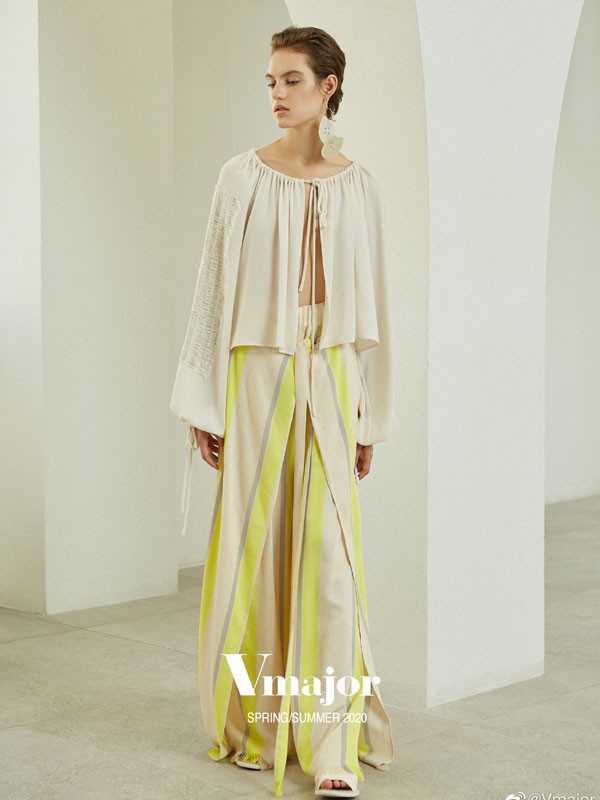 Vmajor女装2022春夏季白色条纹阔腿裤