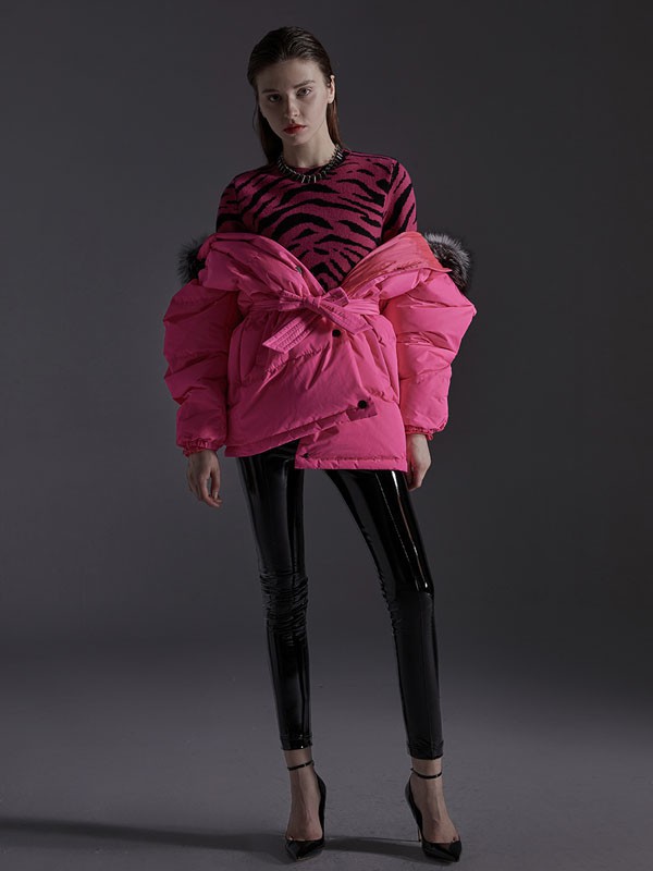 艾琳睿女装2021秋冬季粉色纯色棉服