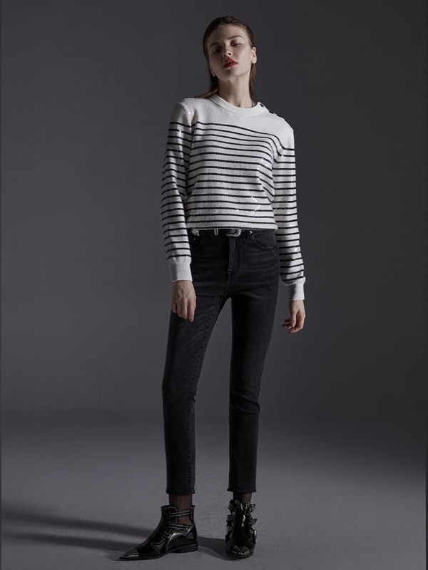 艾琳睿女装2021秋冬季白色条纹T恤