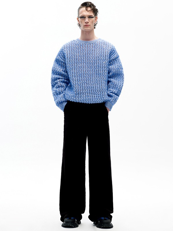 ​angelChen女装2021秋冬季蓝色宽松毛衣