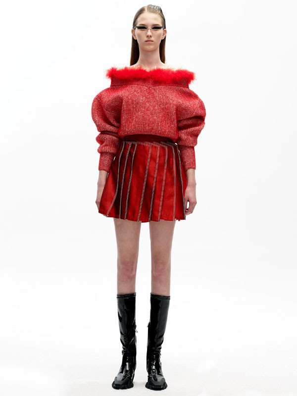 ​angelChen女装2021秋冬季红色一字肩毛衣