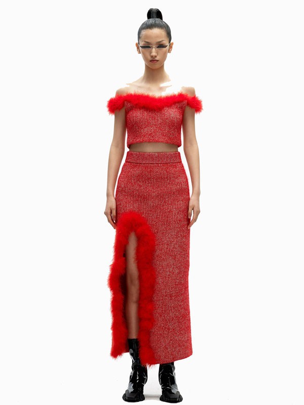​angelChen女装2021秋冬季红色开叉半身裙