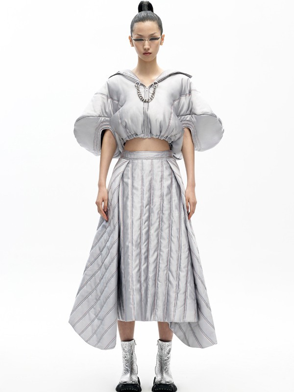 ​angelChen女装2021秋冬季银色不对称半身裙