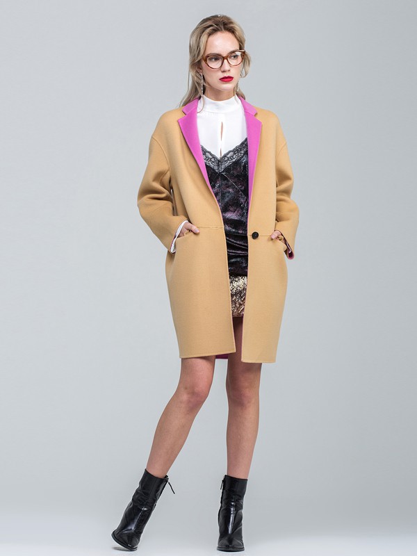 昭奈华裕女装2021秋冬季卡其色纯色大衣