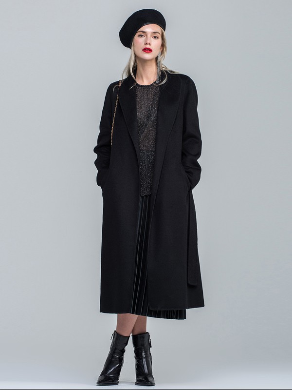 昭奈华裕女装2021秋冬季黑色纯色大衣