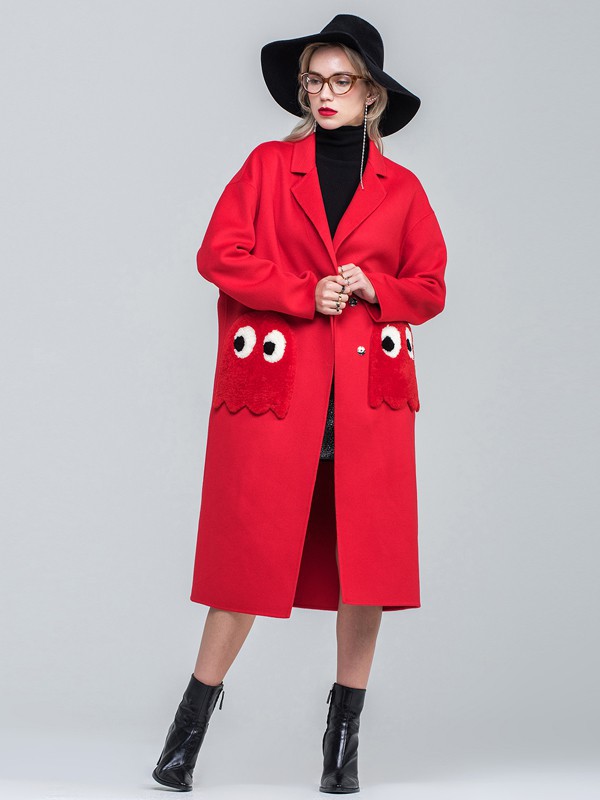 昭奈华裕女装2021秋冬季红色纯色大衣