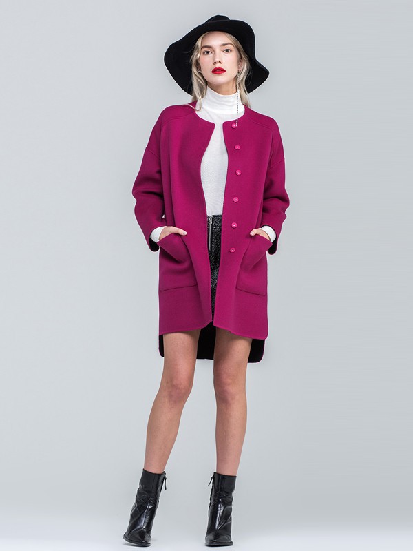 昭奈华裕女装2021秋冬季粉色纯色大衣