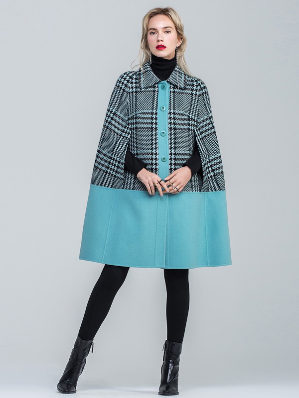 昭奈华裕女装2021秋冬季蓝色格子大衣