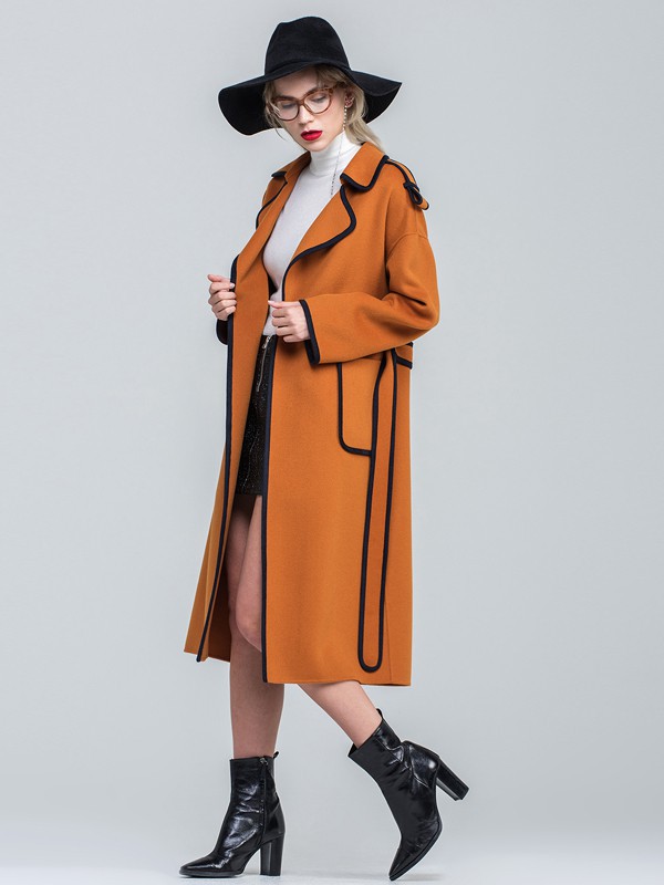 昭奈华裕女装2021秋冬季橙色纯色大衣