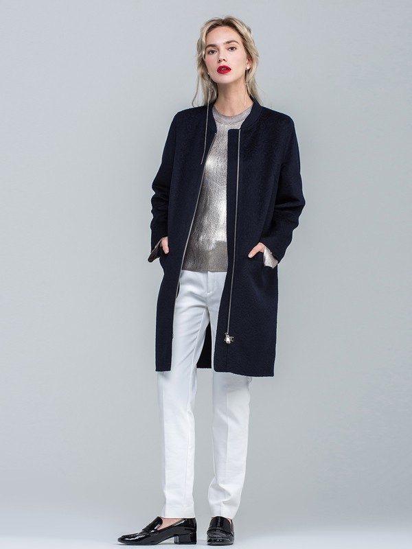 昭奈华裕女装2021秋冬季蓝色纯色大衣