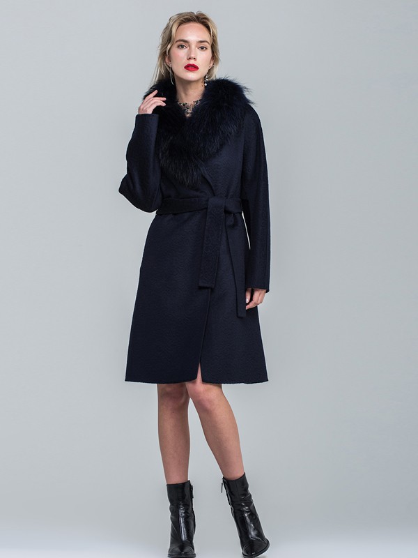 昭奈华裕女装2021秋冬季黑色带毛领大衣