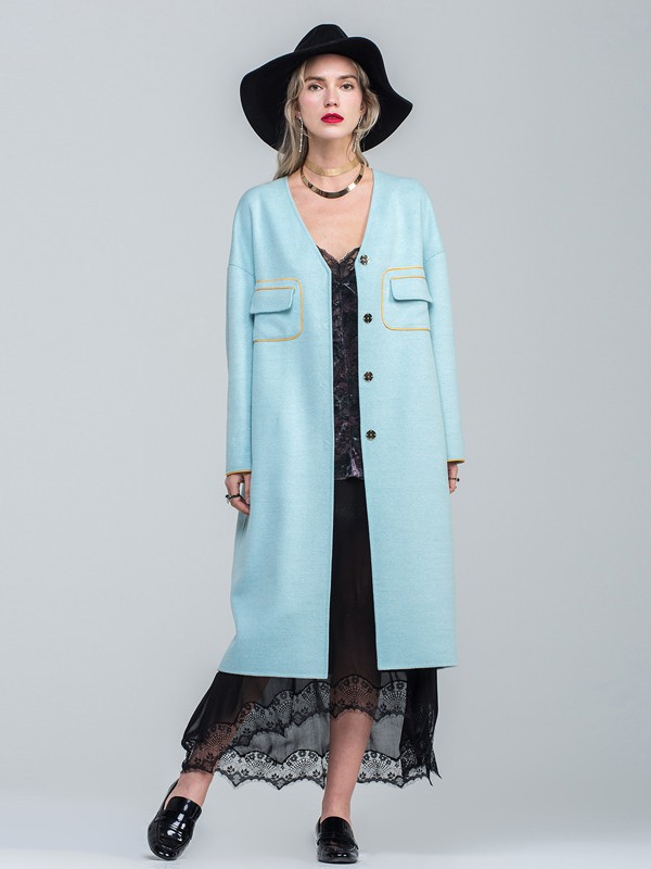 昭奈华裕女装2021秋冬季蓝色纯色大衣