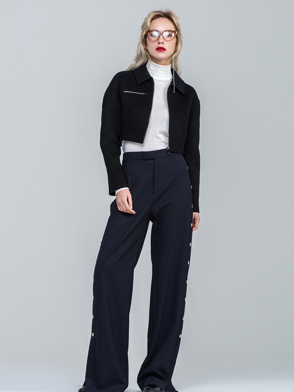 昭奈华裕女装2021秋冬季黑色纯色阔腿裤