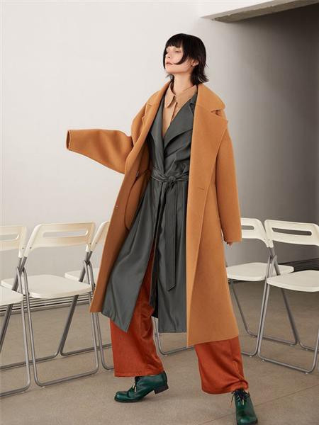 你好朋友女装2021秋冬季橙色纯色大衣