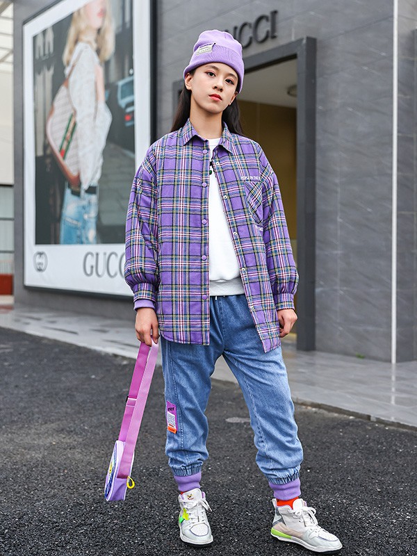 糖果布丁2021秋冬季紫色格子衬衫
