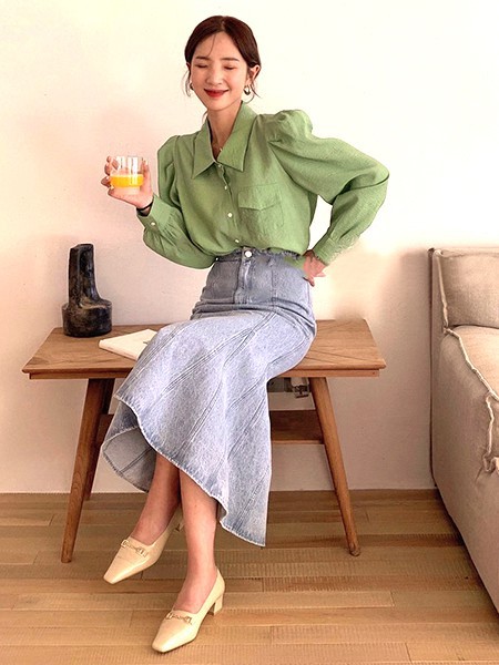 桔尚2022春夏季绿色印花衬衫