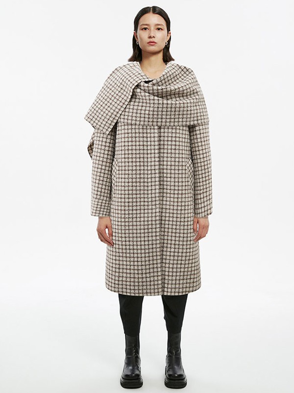 IMMI女装2021秋冬季白色格子大衣