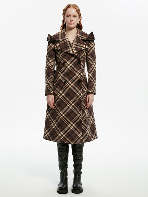 IMMI女装2021秋冬季棕色格子大衣