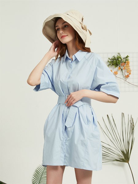 ​Binkeke女装2021春夏季蓝色收腰衬衫裙