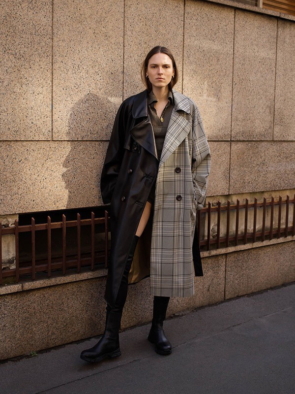 ERIKACAVALLINI女装2021秋冬季拼色格子大衣