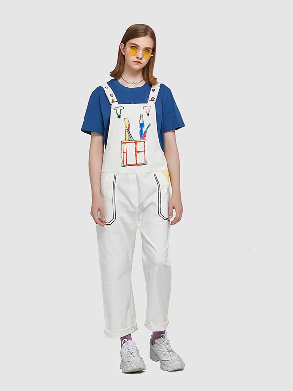 WE.WI女装2022春夏季白色印花背带裤