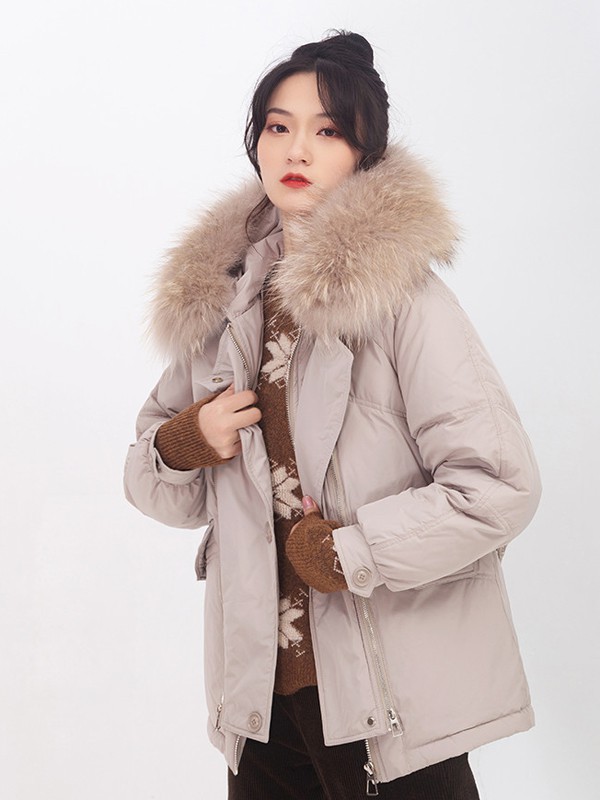 麓溪2021秋冬季灰色带毛领派克服