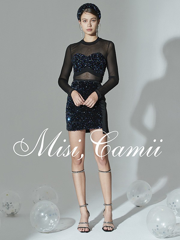 Misi2022春夏季黑色透视连衣裙