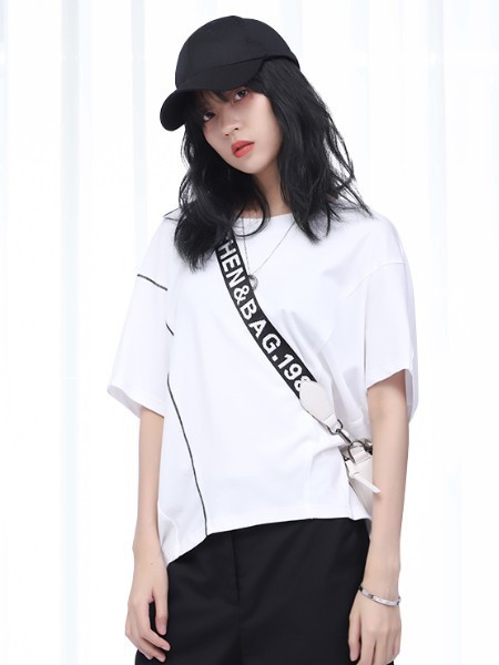 纳兰羽女装2022春夏季白色条纹T恤