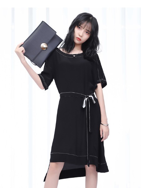 纳兰羽女装2022春夏季黑色收腰连衣裙