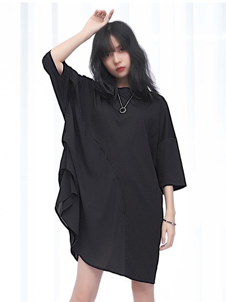 纳兰羽女装2022春夏季黑色荷叶边连衣裙